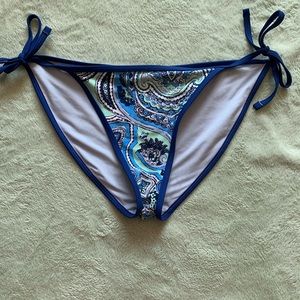 Blue paisley printed side tie bikini bottoms